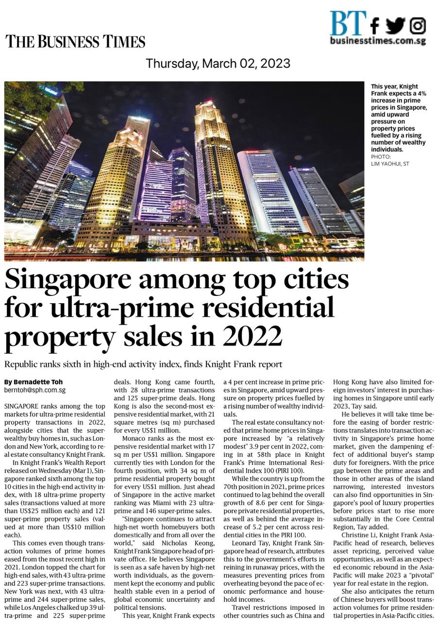 Singapore among top cicties for ultra prime residential property sales in 2022 Singapore among top cicties for ultra-prime residential property sales in 2022