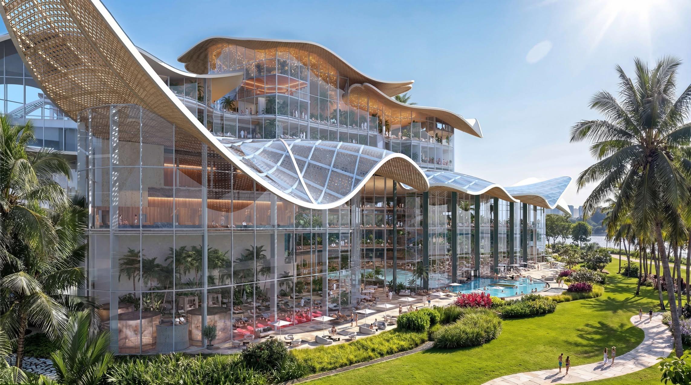 therme-singapore-glass-facade-outdoor-pool-wellness-attraction-marina-south Artist impression of the Therme Singapore seven-storey glass facade and outdoor pool area at Marina South waterfront wellness attraction