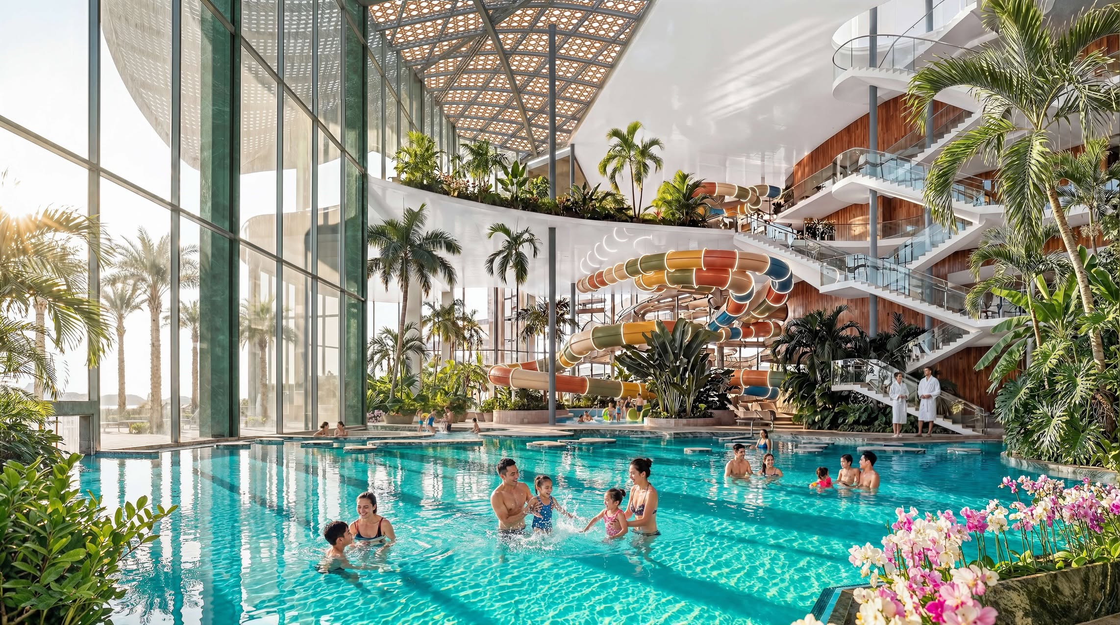 therme-singapore-indoor-thermal-pool-water-slides-marina-south Artist impression of the Therme Singapore indoor thermal pool and water slides at the Marina South wellness attraction, opening 2030