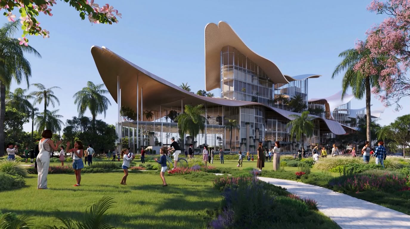 therme-singapore-marina-south-public-park-garden-entrance-wellness-attraction Artist impression of the 4-hectare public park surrounding the Therme Singapore wellness attraction at Marina South, linking Marina Barrage to the facility