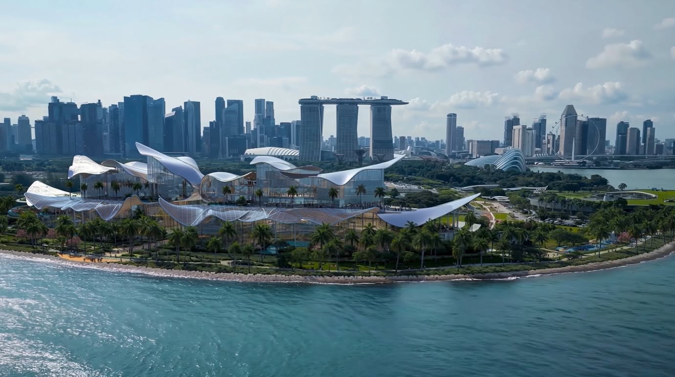 therme-singapore-marina-south-wellness-attraction-aerial-view-marina-bay-skyline Aerial artist impression of Therme Singapore wellness attraction at Marina South with Marina Bay Sands and Singapore CBD skyline in the background